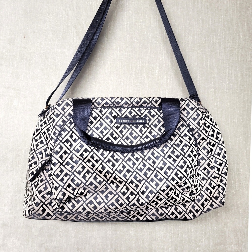 Tommy Hilfiger Monogram Jacquard Shoulder Bag Black Tan Satchel Handbag